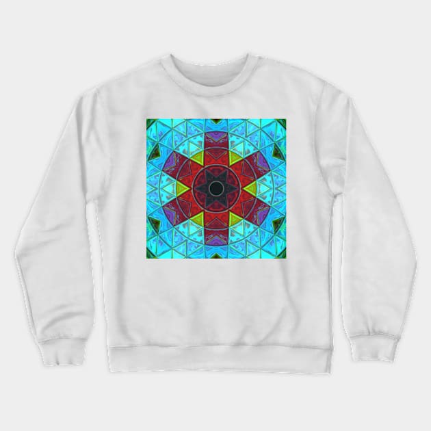 Mosaic Kaleidoscope Flower Red Blue and Green Crewneck Sweatshirt by WormholeOrbital